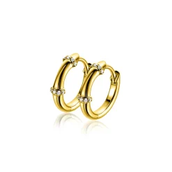 15mm ZINZI gold plated zilveren oorringen met bamboo uitstraling, bezet met witte zirkonia's en luxe klapsluiting ZIO2687Y