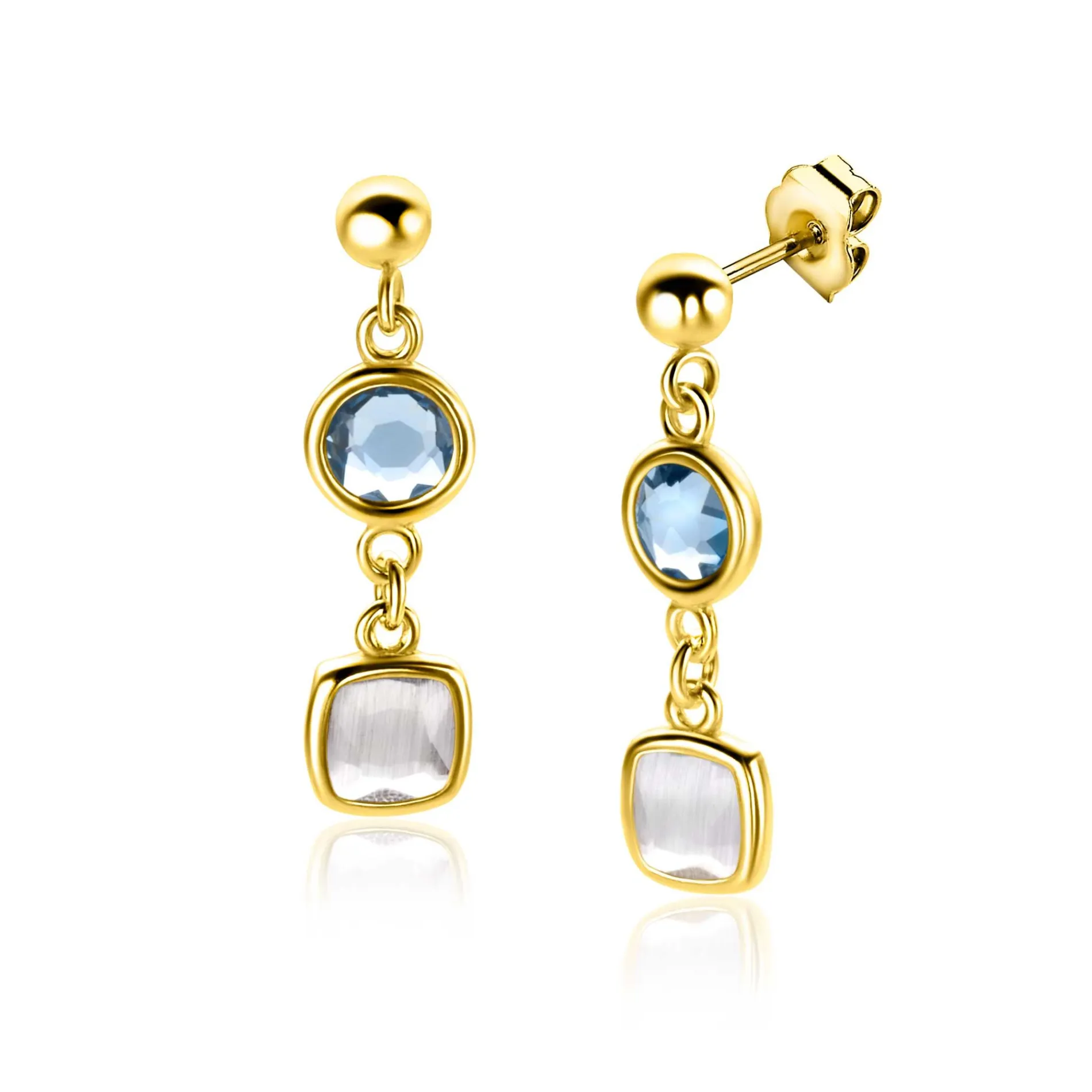 28mm ZINZI gold plated zilveren oorstekers rond vierkant jeansblauw en witgrijs ZIO2526G