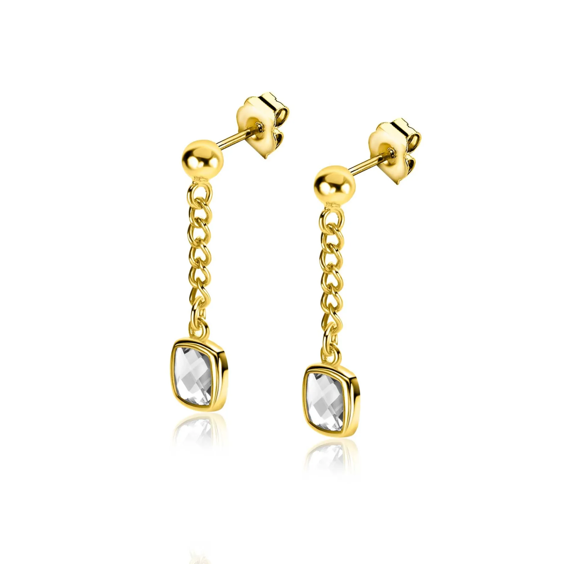 25mm ZINZI gold plated zilveren oorstekers met gourmet kettinkje en vierkante zetting bezet met witte zirconia ZIO2417Y