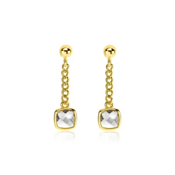 25mm ZINZI gold plated zilveren oorstekers met gourmet kettinkje en vierkante zetting bezet met witte zirconia ZIO2417Y