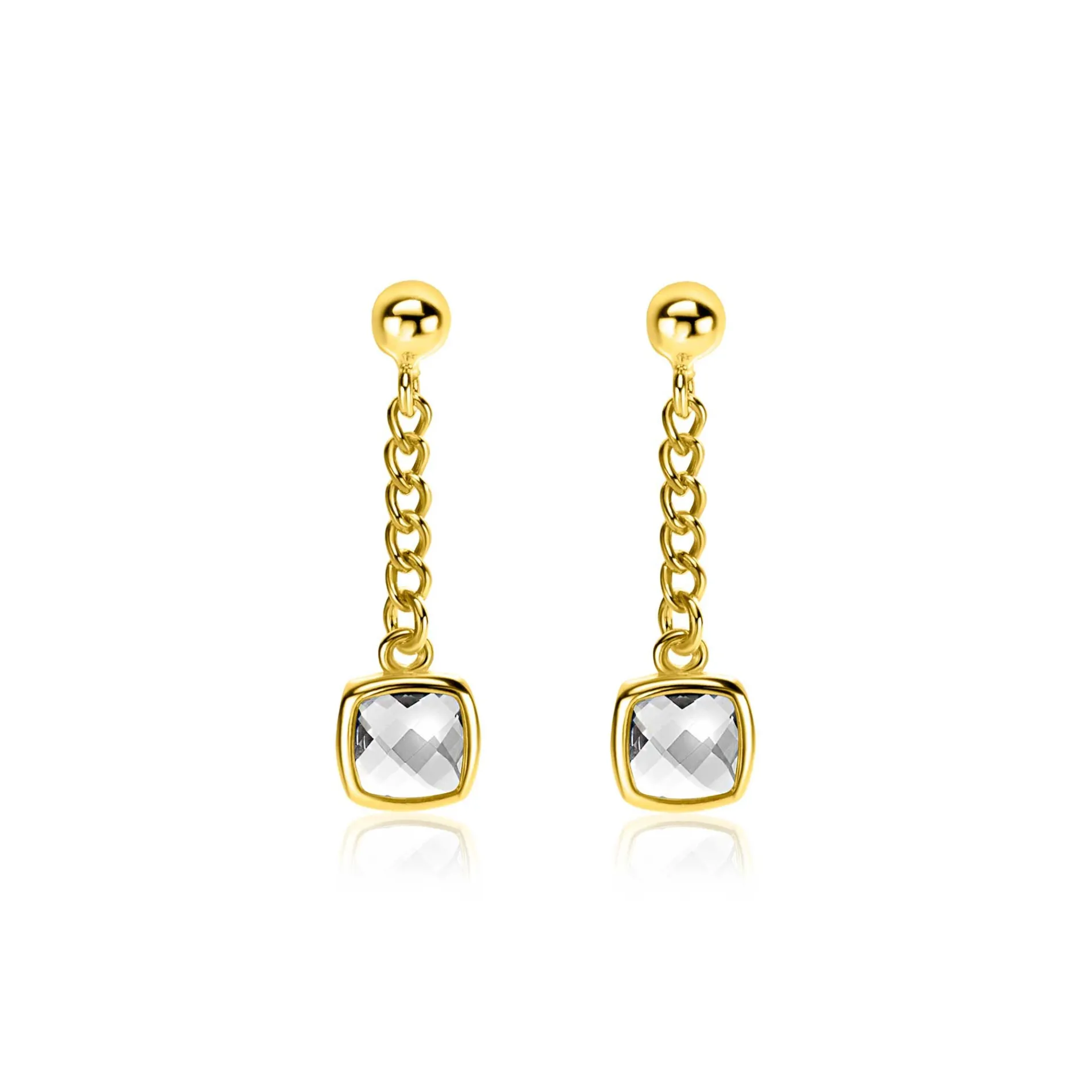 25mm ZINZI gold plated zilveren oorstekers met gourmet kettinkje en vierkante zetting bezet met witte zirconia ZIO2417Y