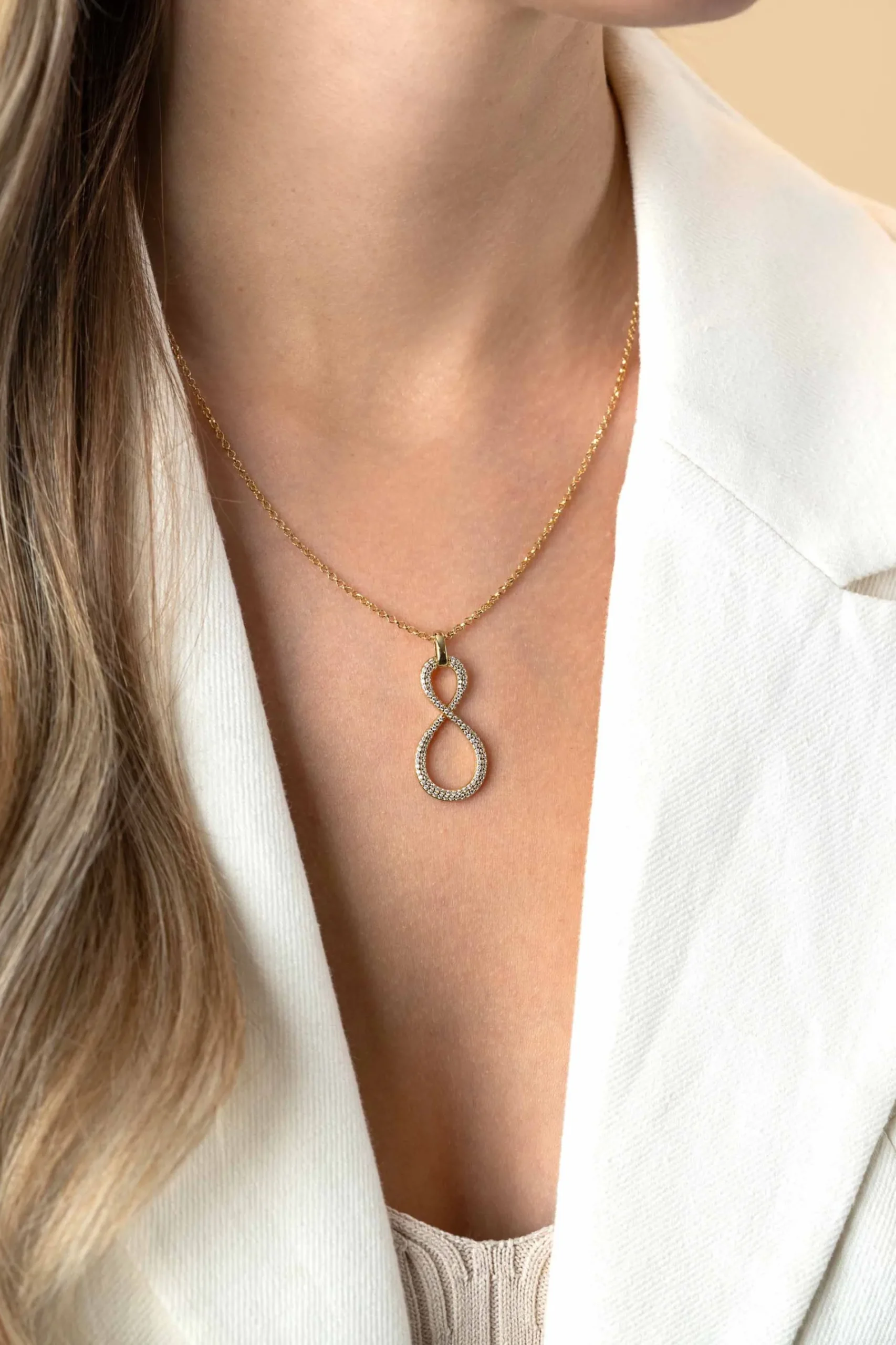 35mm ZINZI gold plated zilveren hanger Infinity bezet met witte zirconia's ZIH2570Y (zonder collier)