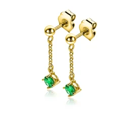 26mm ZINZI gold plated zilveren oorstekers met kettinkje en een bungelende ronde groene kleursteen ZIO2660G