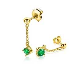 26mm ZINZI gold plated zilveren oorstekers met kettinkje en een bungelende ronde groene kleursteen ZIO2660G