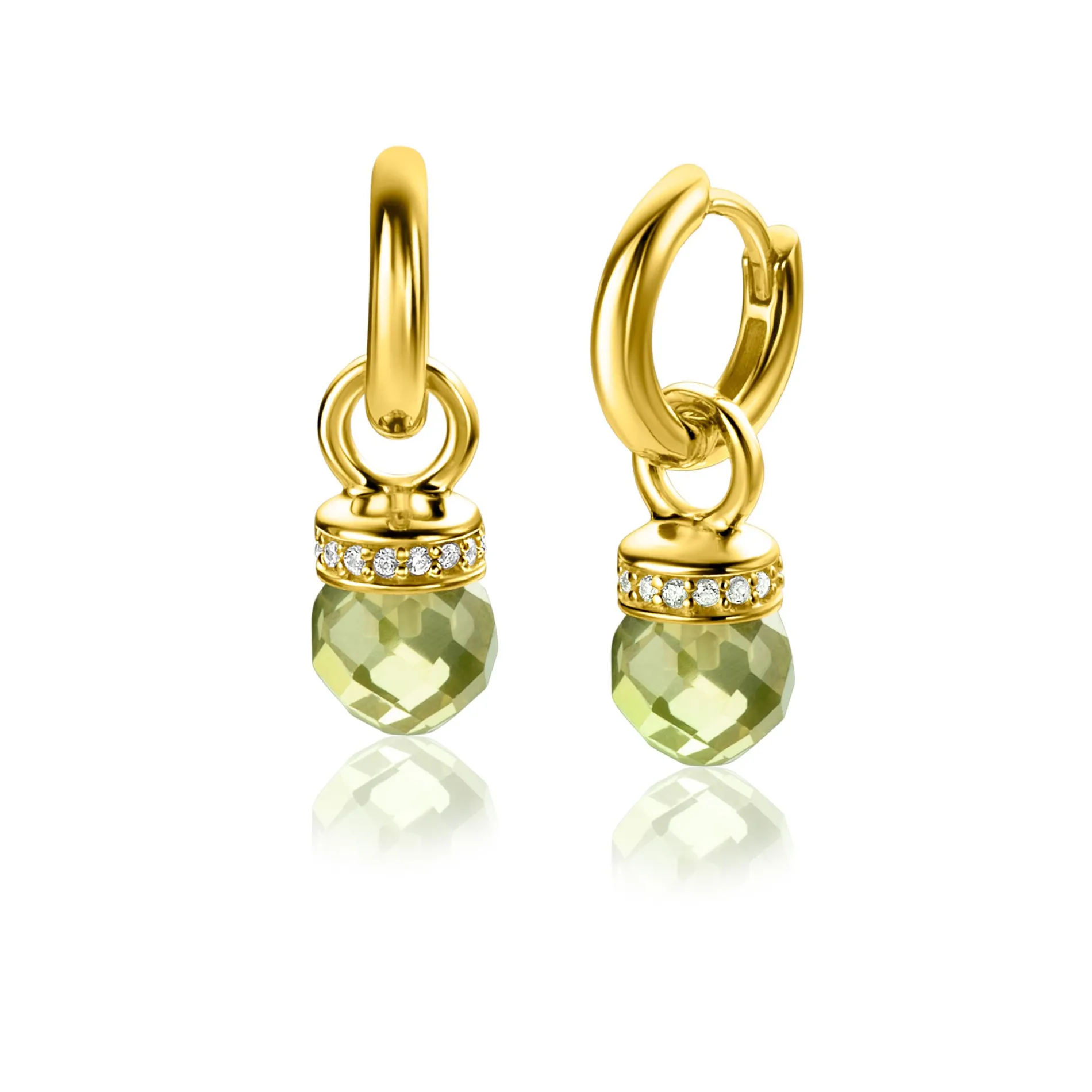 15mm ZINZI gold plated zilveren oorbedels met ronde groen peridot kleurstenen en bezet met witte zirconia's ZICH2428 (zonder oorringen)
