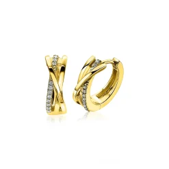16mm ZINZI gold plated zilveren cross-over oorringen 5,5mm breed bezet met witte zirconia's ZIO1774Y
