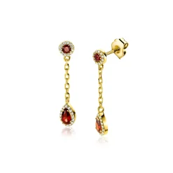 25mm ZINZI gold plated zilveren oorstekers met schakelkettinkje en druppelvormige rood granaat kleursteen en witte zirconia's ZIO2560