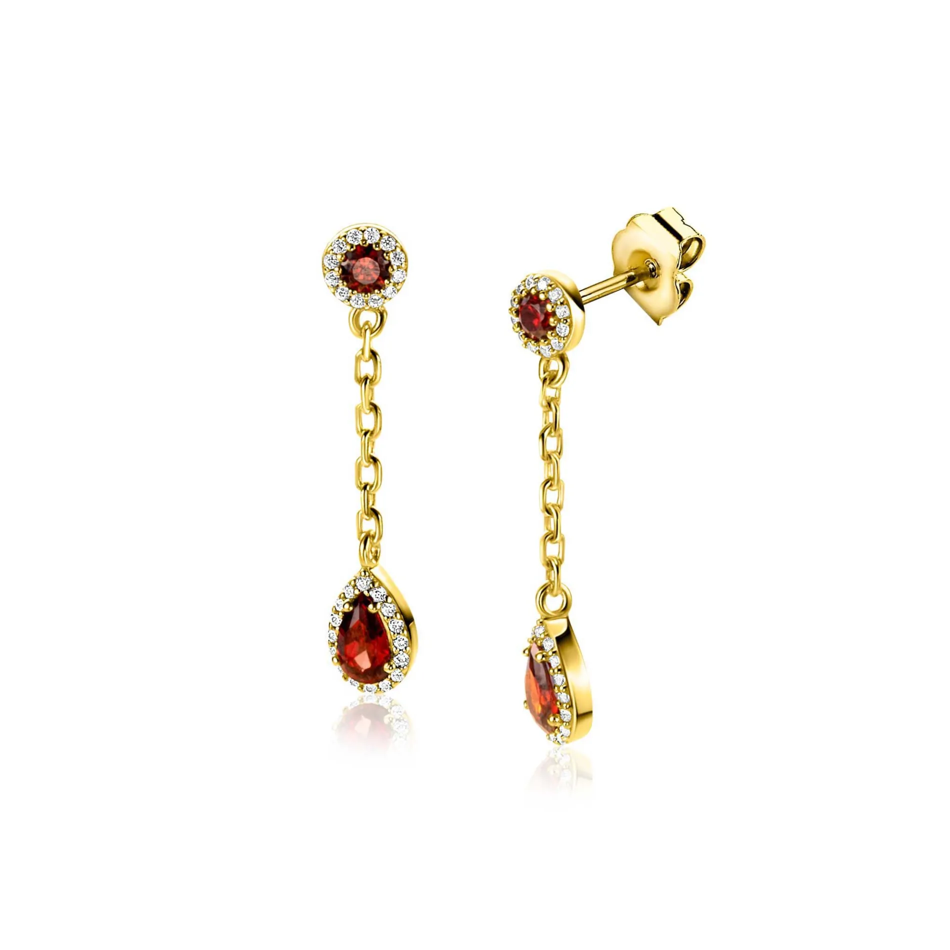 25mm ZINZI gold plated zilveren oorstekers met schakelkettinkje en druppelvormige rood granaat kleursteen en witte zirconia's ZIO2560
