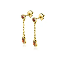 25mm ZINZI gold plated zilveren oorstekers met schakelkettinkje en druppelvormige rood granaat kleursteen en witte zirconia's ZIO2560