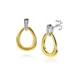 19mm ZINZI gold plated zilveren bicolor oorstekers druppelvorm glad met witte zirconia's ZIO1709Y