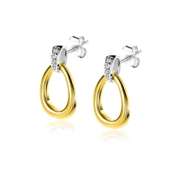 19mm ZINZI gold plated zilveren bicolor oorstekers druppelvorm glad met witte zirconia's ZIO1709Y