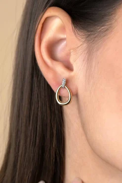 19mm ZINZI gold plated zilveren bicolor oorstekers druppelvorm glad met witte zirconia's ZIO1709Y