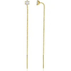 80mm ZINZI gold plated zilveren doortrek oorbellen met chatonzetting 5mm witte zirconia en sierlijk kettinkje ZIO2576Y