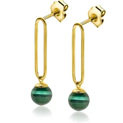 35mm ZINZI gold plated zilveren oorstekers met lange paperclip schakel en groene cateyes in bolvorm ZIO2420