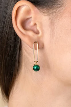 35mm ZINZI gold plated zilveren oorstekers met lange paperclip schakel en groene cateyes in bolvorm ZIO2420