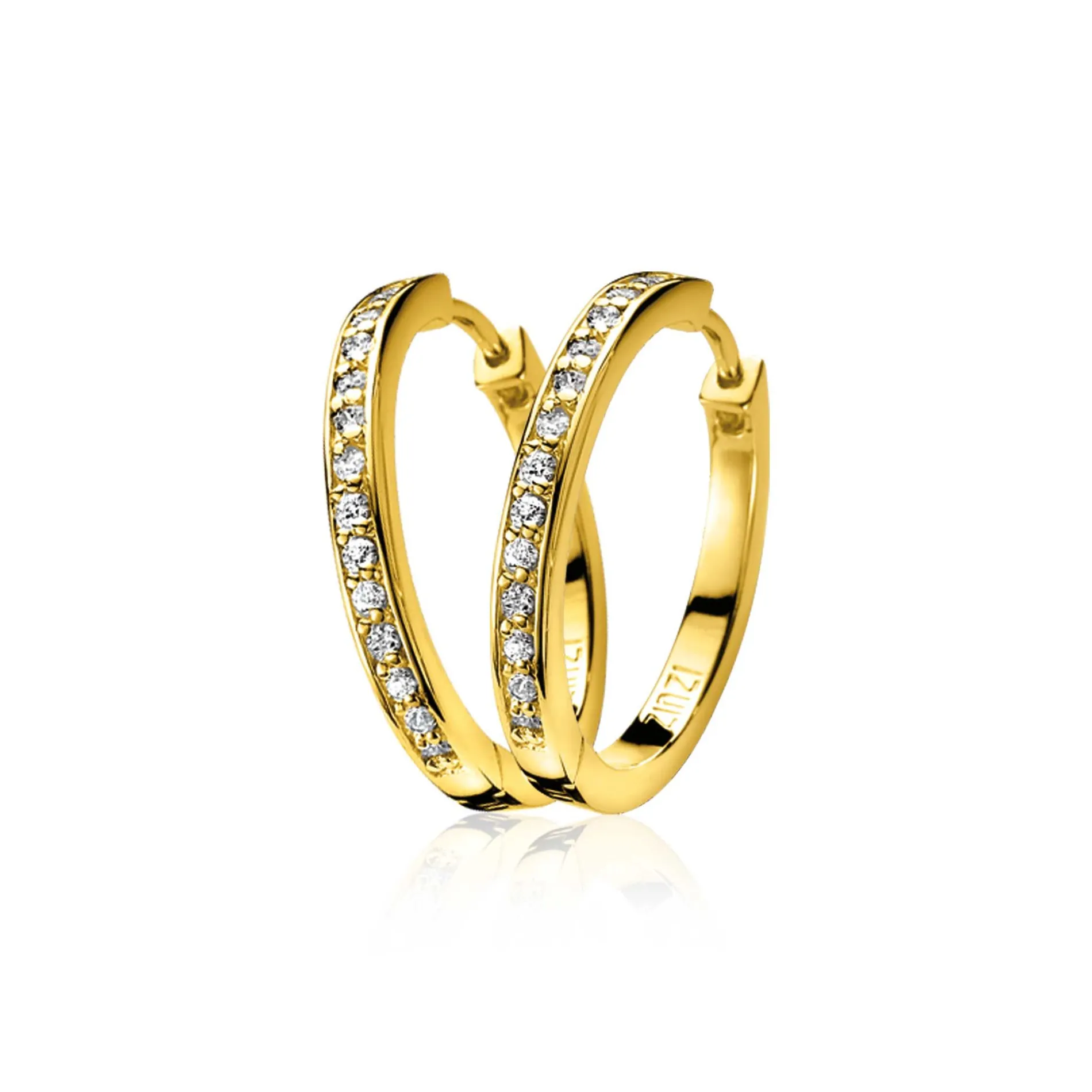 24mm ZINZI gold plated zilveren oorringen met witte zirconia's en luxe klapsluiting, buisdikte 3mm ZIO192Y