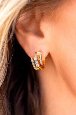 16mm ZINZI gold plated zilveren multi-look oorringen met 3 rijen, bezet met witte zirconia's 9mm breed met luxe klapsluiting ZIO2645Y