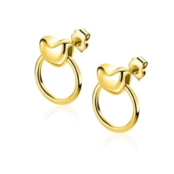 16mm ZINZI gold plated zilveren oorstekers met hart en open ring ZIO2759