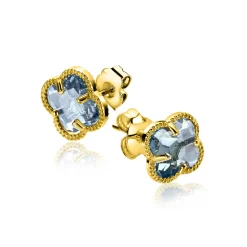 9mm ZINZI gold plated zilveren oorstekers in klaver vorm met lichtblauwe kleursteen ZIO2662B