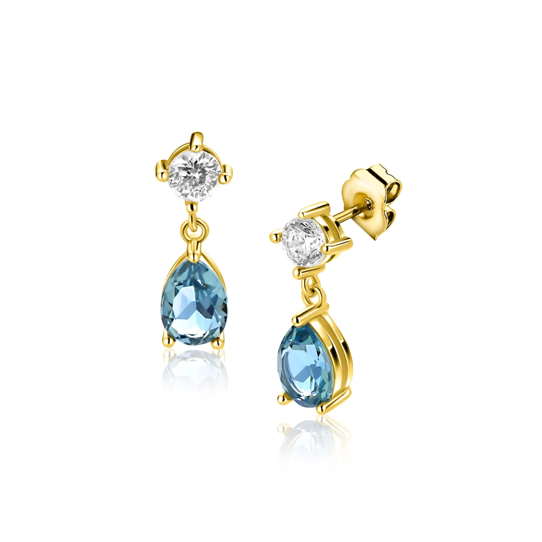 16mm ZINZI gold plated zilveren oorstekers blauwe peer en wit ronde zetting ZIO2744
