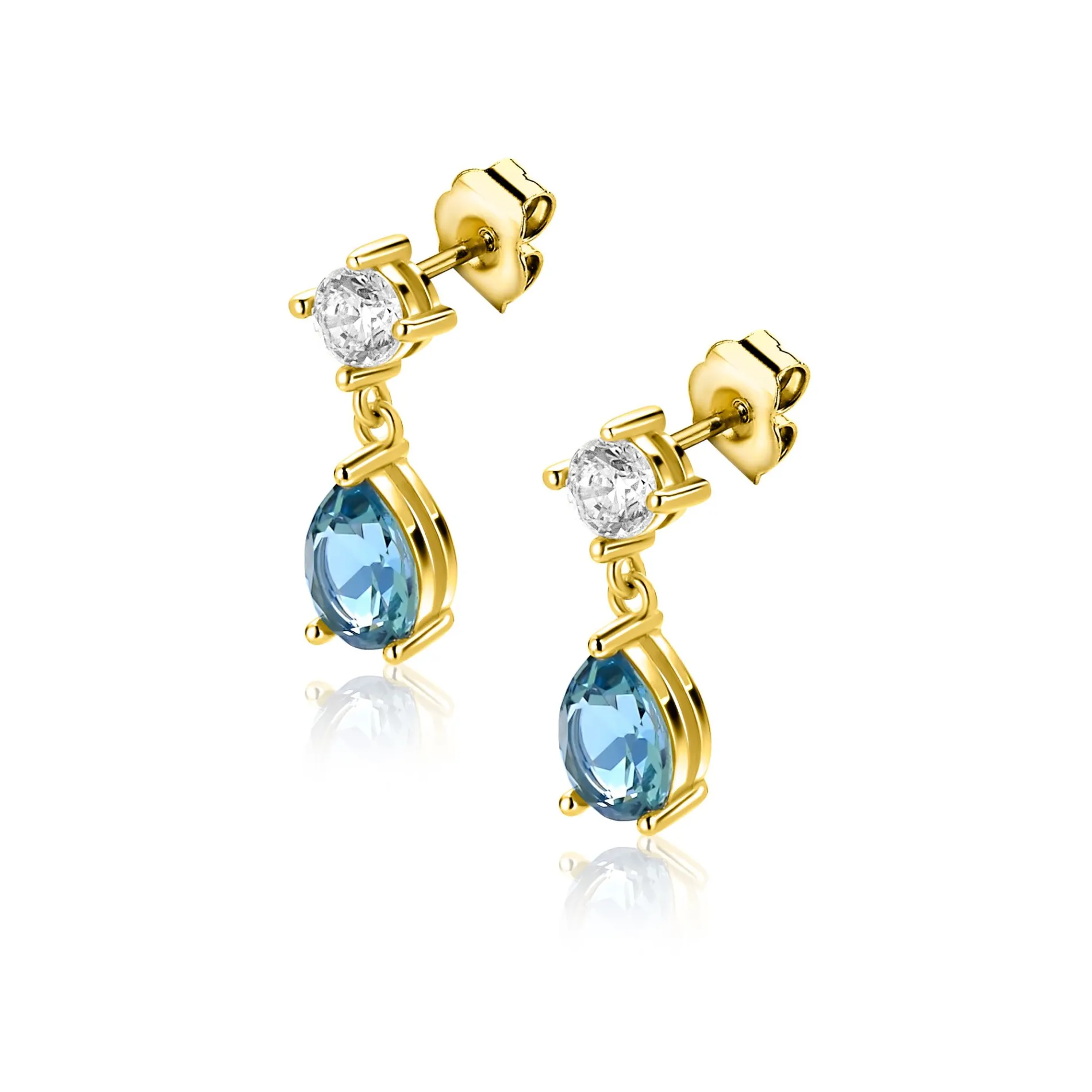 16mm ZINZI gold plated zilveren oorstekers blauwe peer en wit ronde zetting ZIO2744