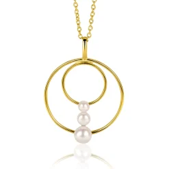 34mm ZINZI gold plated zilveren ronde fantasie hanger bezet met drie ronde witte zoetwaterparels ZIH2616 (zonder collier)