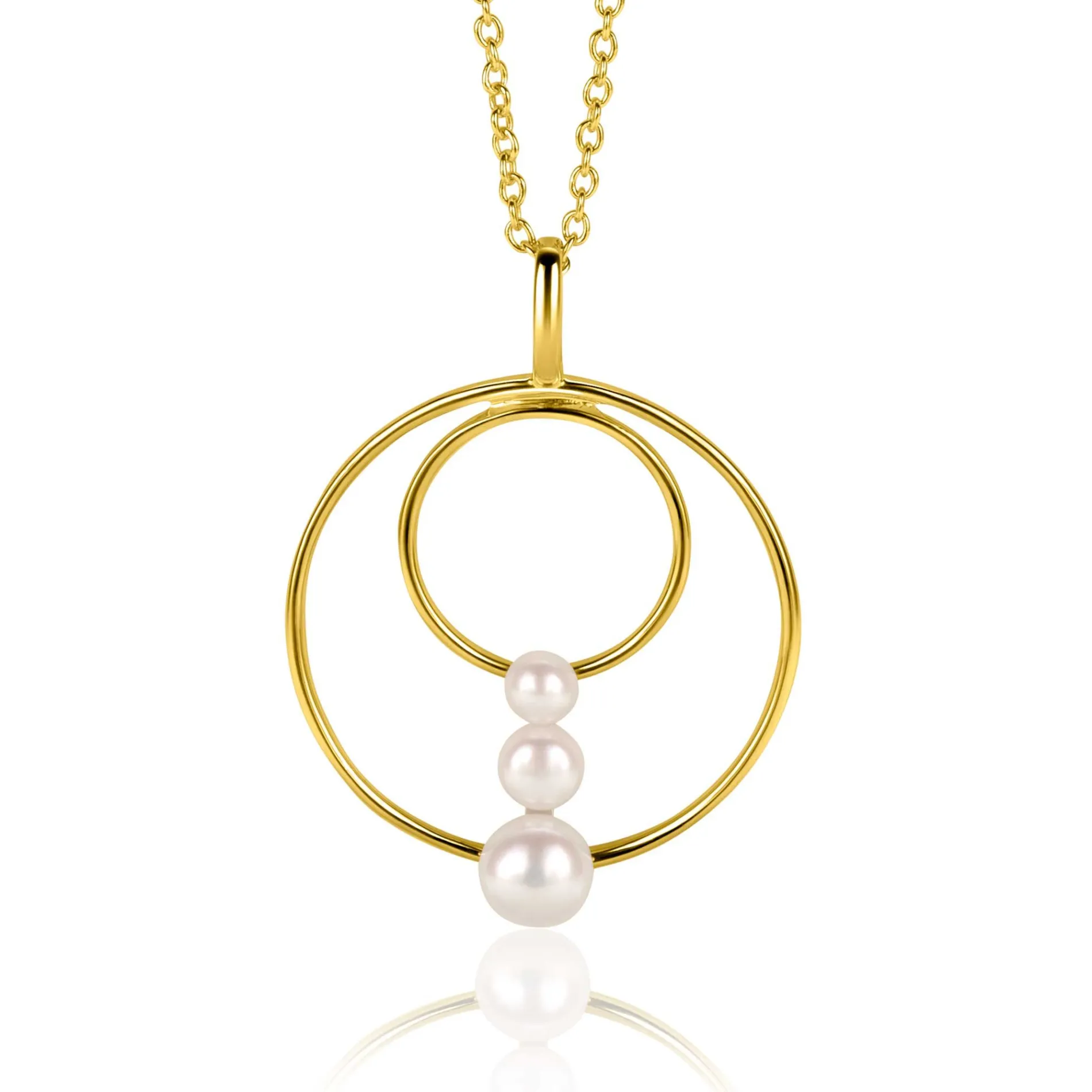 34mm ZINZI gold plated zilveren ronde fantasie hanger bezet met drie ronde witte zoetwaterparels ZIH2616 (zonder collier)