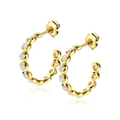 21mm ZINZI gold plated zilveren halve oorringen 4mm buisdikte, bezet met 12 witte zirconia's en met vlindersluiting ZIO2573Y