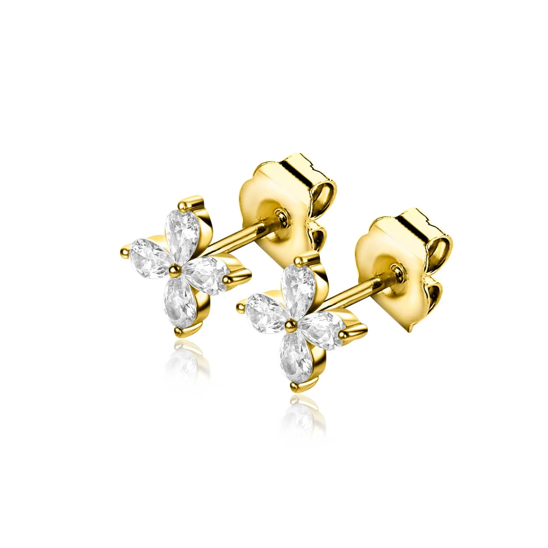 7,5mm ZINZI gold plated zilveren oorknoppen met bloem bezet met vier druppelvormige witte zirconia's ZIO2624