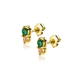 6,5mm ZINZI gold plated zilveren oorknoppen ronde chatonzettingen diepgroene en champagne kleurstenen ZIO2562