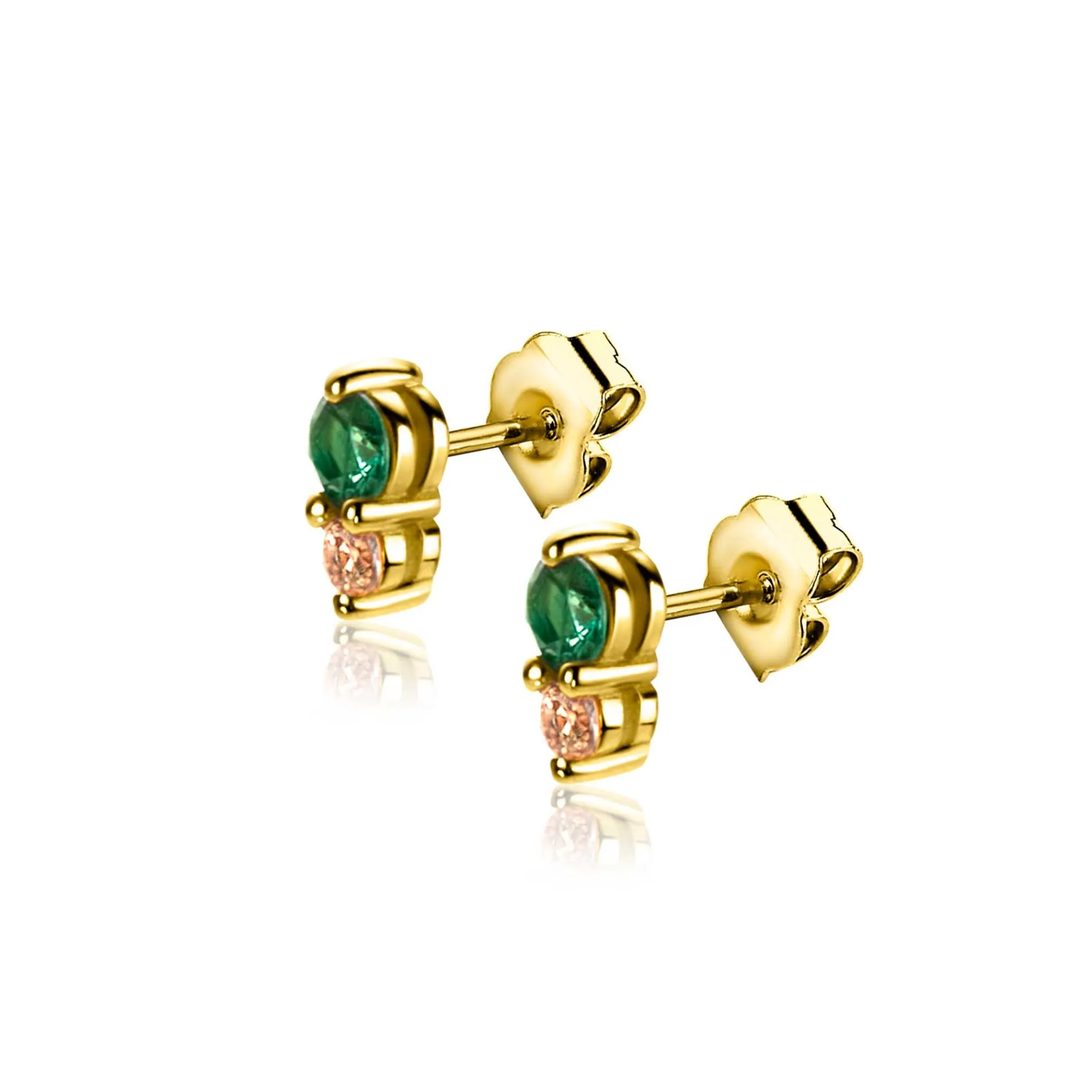 6,5mm ZINZI gold plated zilveren oorknoppen ronde chatonzettingen diepgroene en champagne kleurstenen ZIO2562