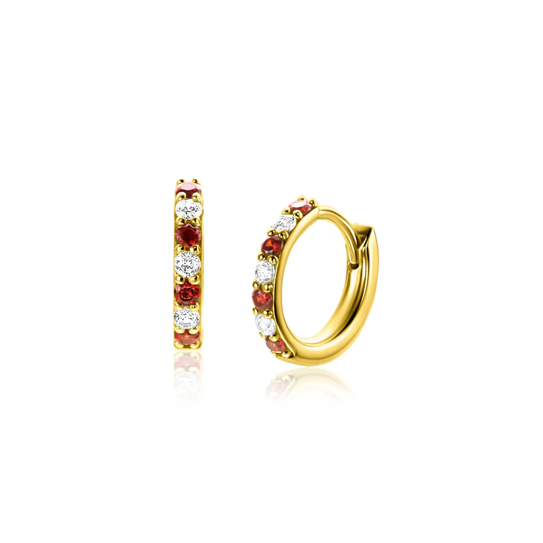 12mm ZINZI gold plated zilveren oorringen bezet met ronde witte zirconia's en rood granaat kleurstenen 2mm buisdikte met luxe klapsluiting ZIO2558