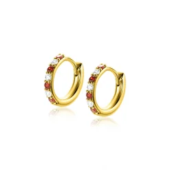 12mm ZINZI gold plated zilveren oorringen bezet met ronde witte zirconia's en rood granaat kleurstenen 2mm buisdikte met luxe klapsluiting ZIO2558