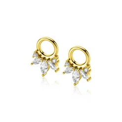 10mm ZINZI gold plated zilveren oorbedels met vijf speelse zettingen in aflopende grootte, bezet met witte zirconia's ZICH2633 (zonder oorringen)