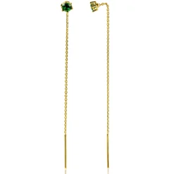 80mm ZINZI gold plated zilveren doortrek oorbellen met chatonzetting 5mm groene kleursteen en sierlijk kettinkje ZIO2576GG