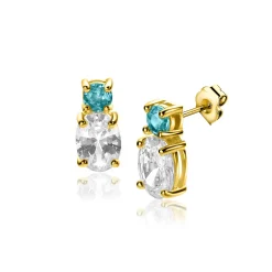 12mm ZINZI gold plated zilveren oorstekers, bezet met een kleine ronde blauwe kleursteen en ovale witte zirconia ZIO2438