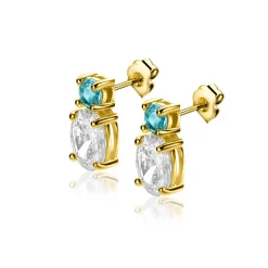 12mm ZINZI gold plated zilveren oorstekers, bezet met een kleine ronde blauwe kleursteen en ovale witte zirconia ZIO2438