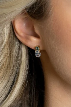 12mm ZINZI gold plated zilveren oorstekers, bezet met een kleine ronde blauwe kleursteen en ovale witte zirconia ZIO2438