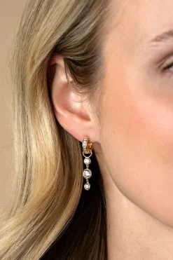 24mm ZINZI gold plated zilveren oorbedels met 3 bungelende witte ronde zirconia's ZICH2593Y (zonder oorringen)