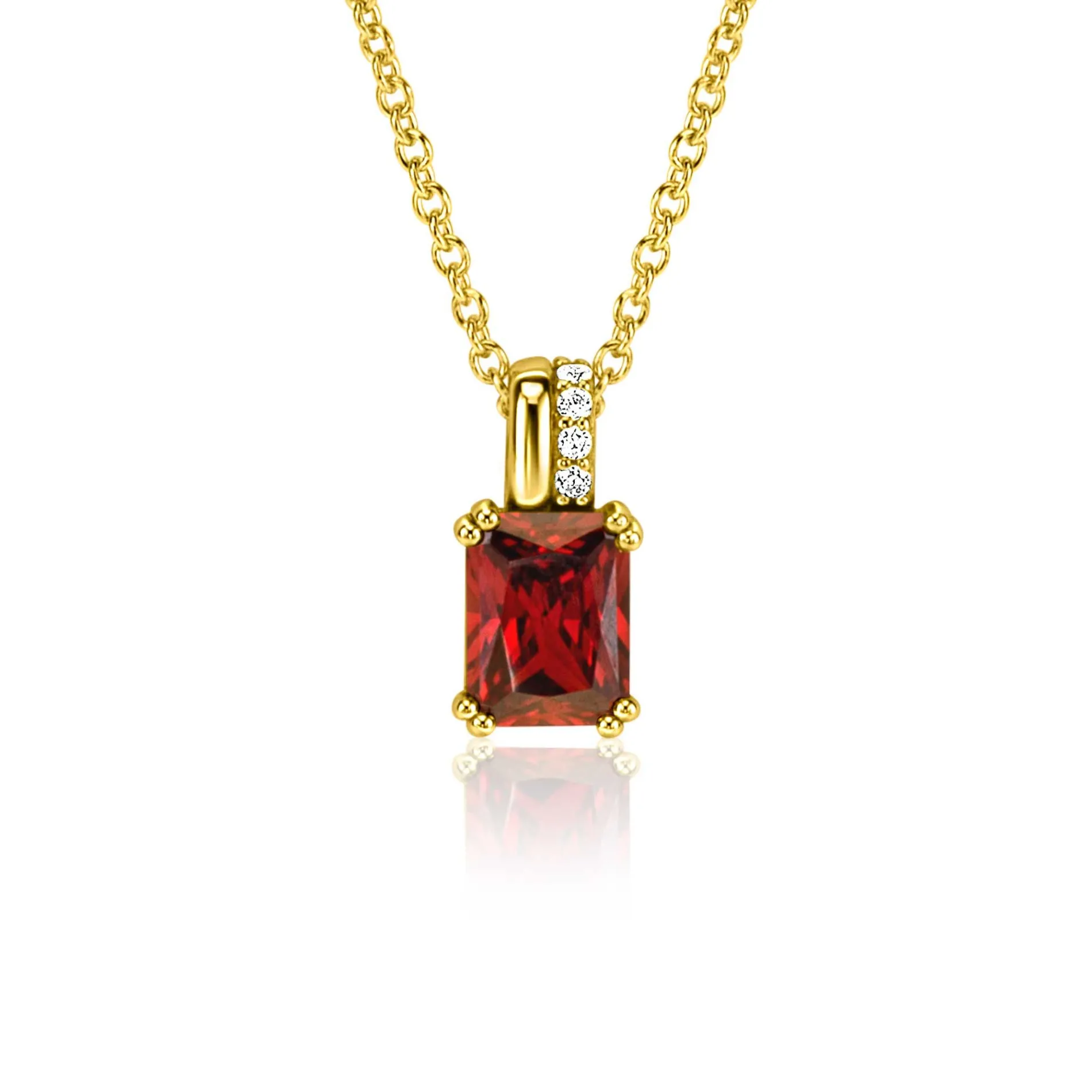 14mm ZINZI gold plated zilveren hanger met rechthoekige rood granaat kleursteen en luxe hangoog ZIH2392R (zonder collier)