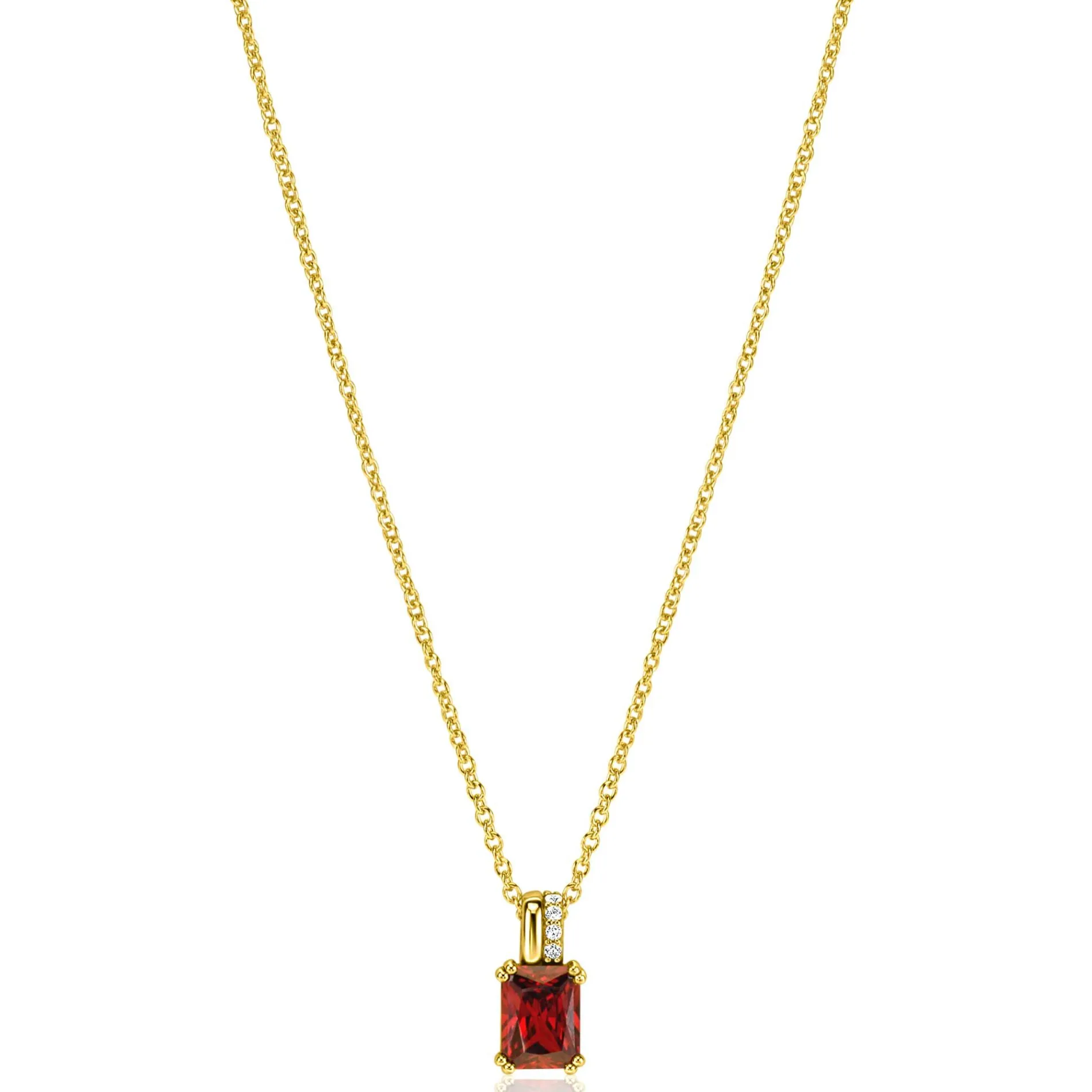 14mm ZINZI gold plated zilveren hanger met rechthoekige rood granaat kleursteen en luxe hangoog ZIH2392R (zonder collier)