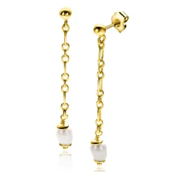 40mm ZINZI gold plated zilveren oorstekers met lang schakelkettinkje, inclusief witte zoetwaterparel ZIO2588