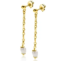 40mm ZINZI gold plated zilveren oorstekers met lang schakelkettinkje, inclusief witte zoetwaterparel ZIO2588