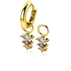 13mm ZINZI gold plated zilveren oorbedels met drie peervormige zettingen in aflopende grootte, bezet met lichtblauwe, paarse en champagne kleurstenen ZICH2631BC (zonder oorringen)