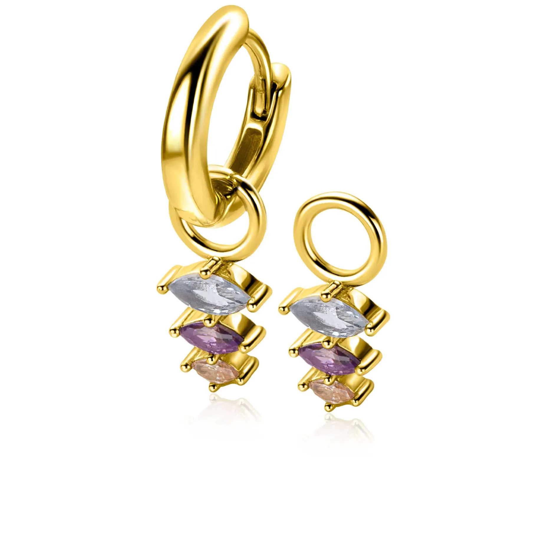 13mm ZINZI gold plated zilveren oorbedels met drie peervormige zettingen in aflopende grootte, bezet met lichtblauwe, paarse en champagne kleurstenen ZICH2631BC (zonder oorringen)