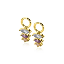 13mm ZINZI gold plated zilveren oorbedels met drie peervormige zettingen in aflopende grootte, bezet met lichtblauwe, paarse en champagne kleurstenen ZICH2631BC (zonder oorringen)