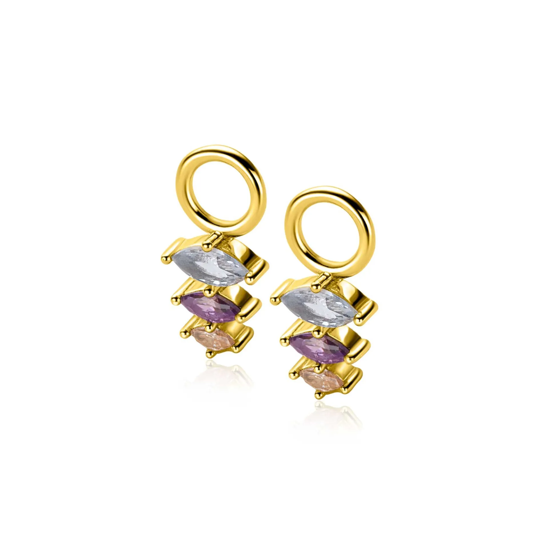 13mm ZINZI gold plated zilveren oorbedels met drie peervormige zettingen in aflopende grootte, bezet met lichtblauwe, paarse en champagne kleurstenen ZICH2631BC (zonder oorringen)