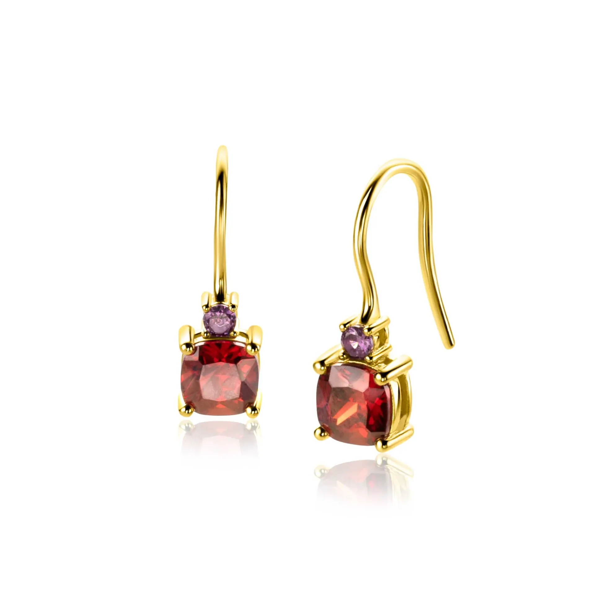 19mm ZINZI gold plated zilveren oorhangers met vierpootszettingen rood granaat en paarse kleurstenen ZIO2563H