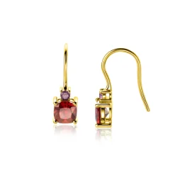 19mm ZINZI gold plated zilveren oorhangers met vierpootszettingen rood granaat en paarse kleurstenen ZIO2563H