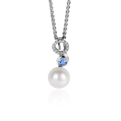 20mm ZINZI zilveren hanger met witte parel, ronde lichtblauwe kleursteen en open rondje bezet met witte zirconia's ZIH2442 (zonder collier)